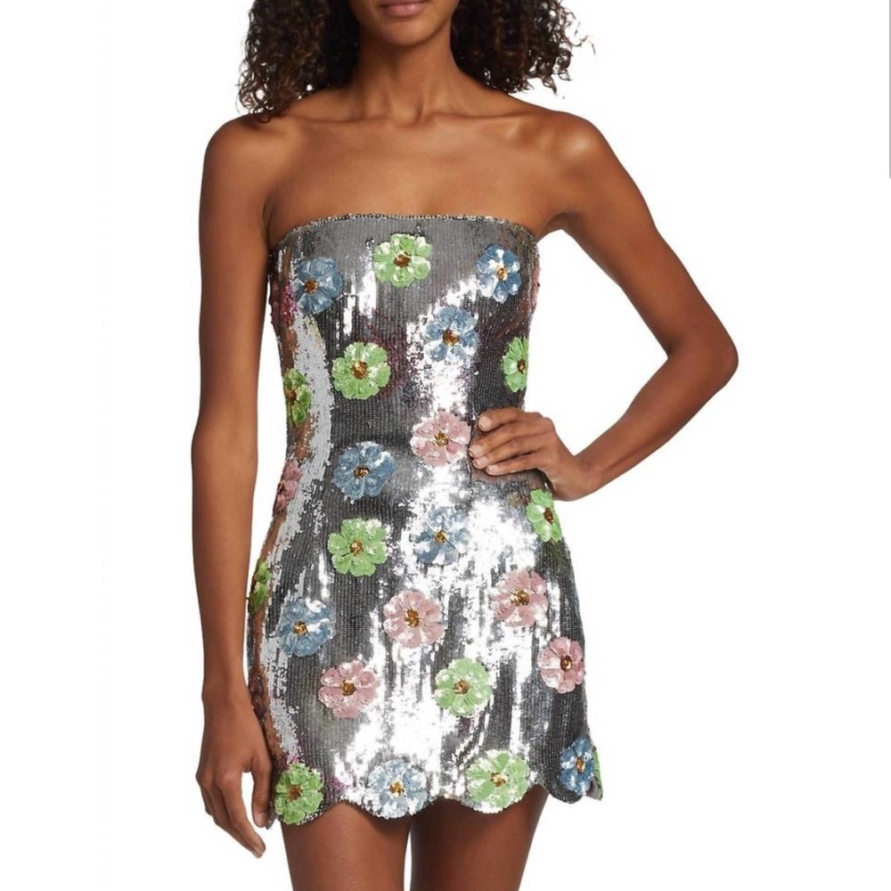 Brandon Maxwell Esme Sequin Strapless Dress with Floral Accents